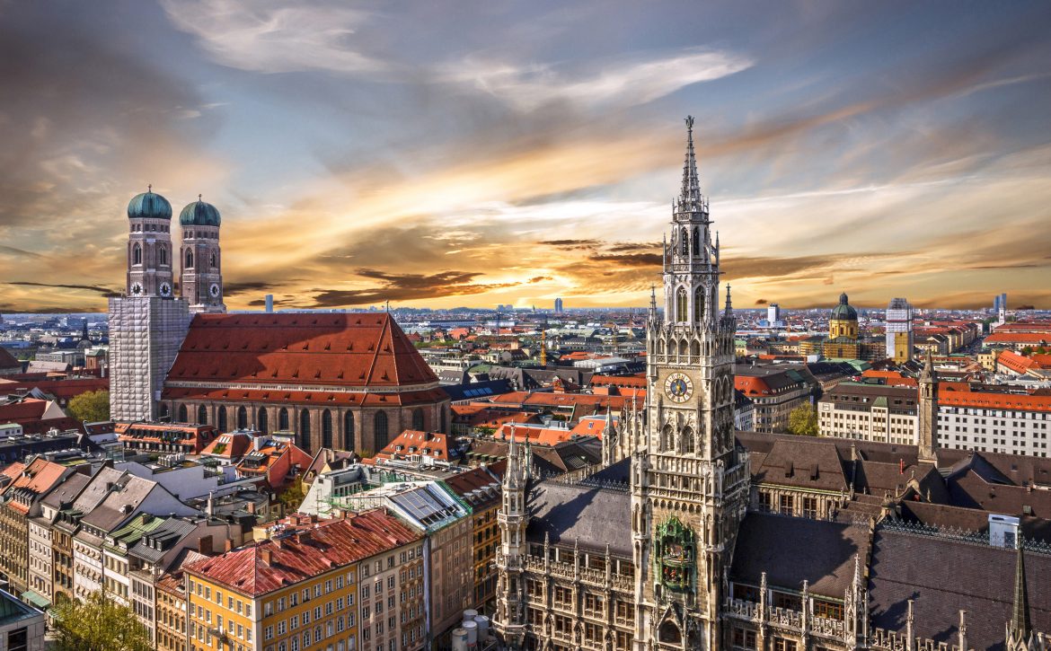 Munich sunset panoramic architecture, Bavaria, Germany.