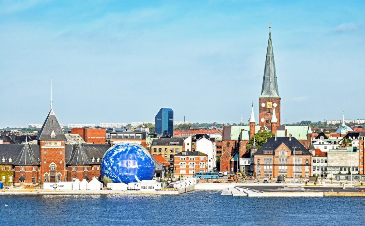 View from the sea side to the skyline of Aarhus in Denmark